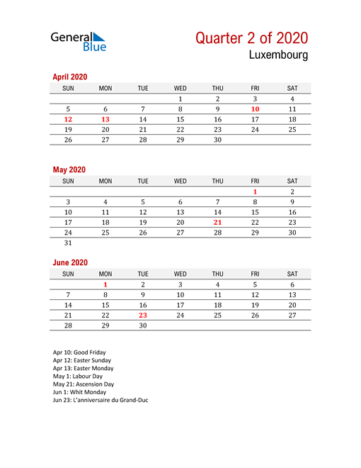  Printable Three Month Calendar for Luxembourg