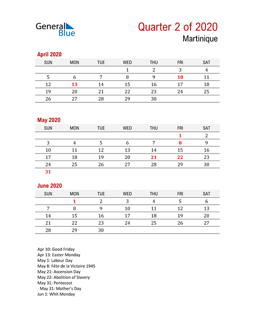  Printable Three Month Calendar for Martinique