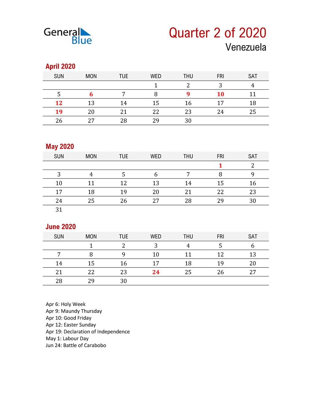  Printable Three Month Calendar for Venezuela