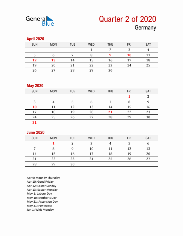 Printable Three Month Calendar with Germany Holidays