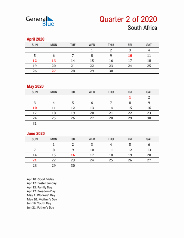 Q2 2020 Quarterly Calendar with South Africa Holidays (PDF, Excel, Word)