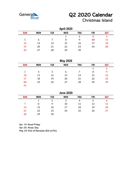  2020 Q2 Calendar with Holidays List