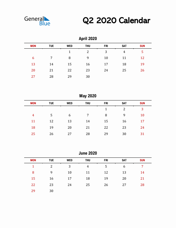 2020 Q2 Calendar with Red Weekend