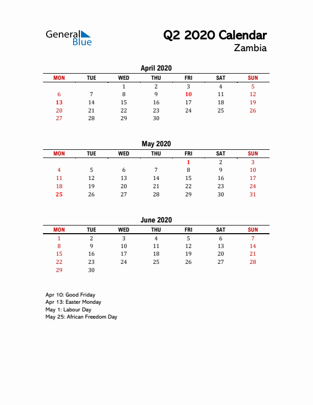 2020 Q2 Calendar with Holidays List for Zambia