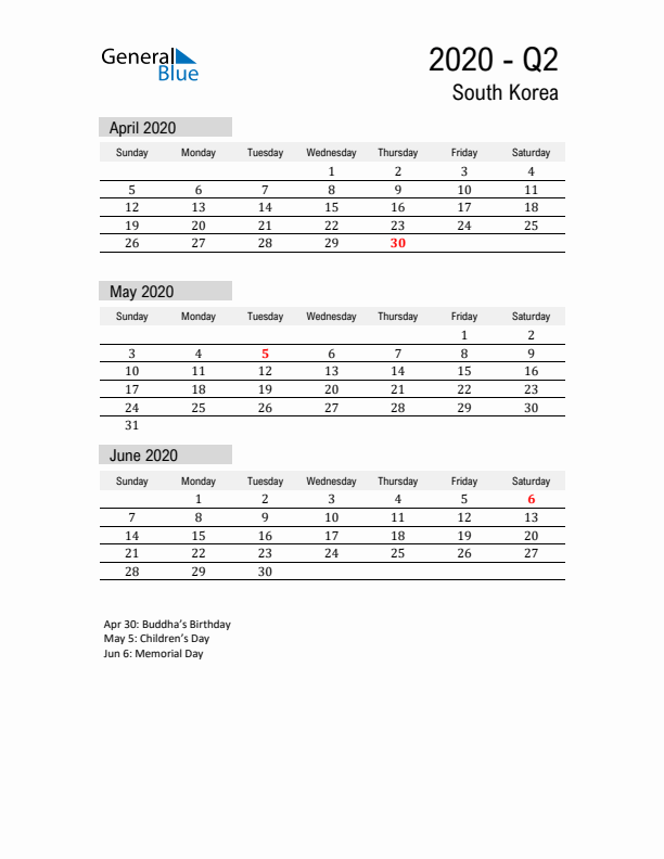 South Korea Quarter 2 2020 Calendar with Holidays