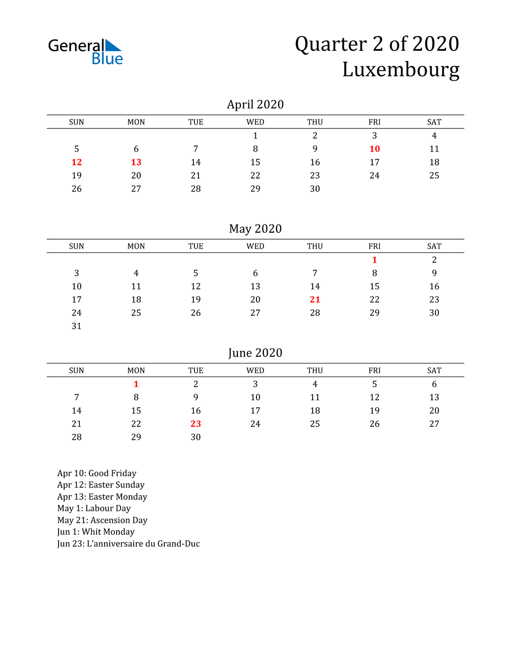 2020 Luxembourg Quarterly Calendar