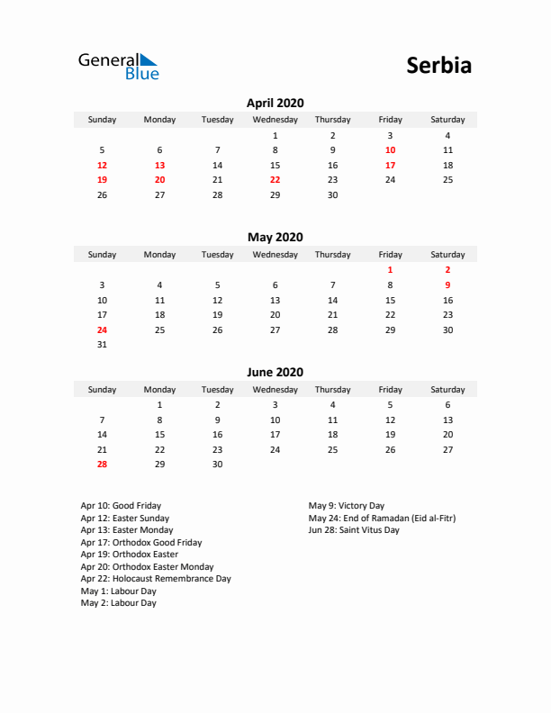 Printable Quarterly Calendar with Notes and Serbia Holidays- Q2 of 2020