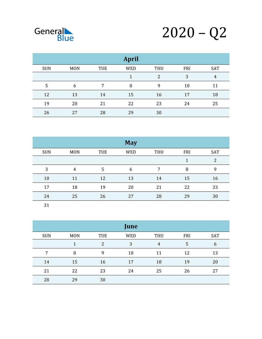  April, May, and June 2020 Calendar