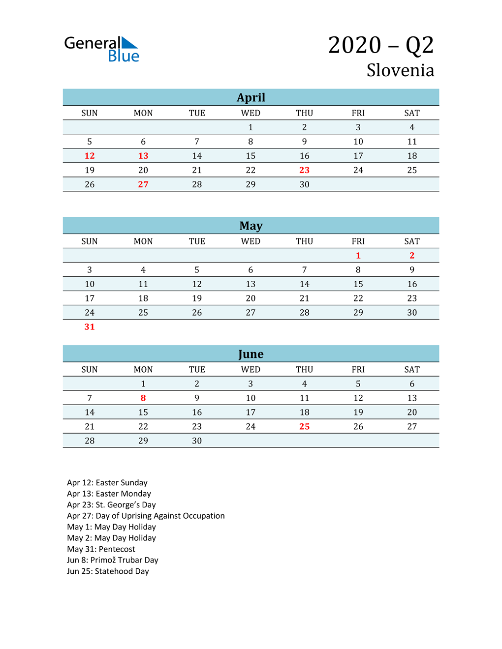  Three-Month Planner for Q2 2020 with Holidays