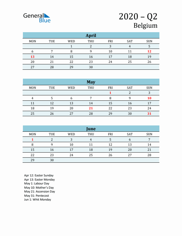Three-Month Planner for Q2 2020 with Holidays - Belgium