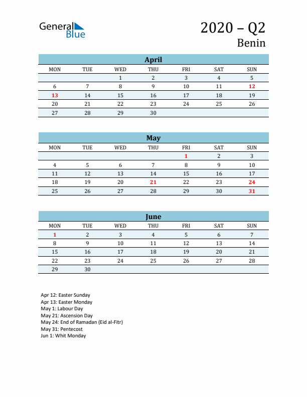 Three-Month Planner for Q2 2020 with Holidays - Benin