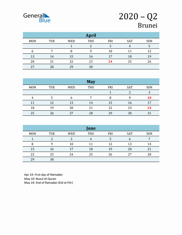 Three-Month Planner for Q2 2020 with Holidays - Brunei
