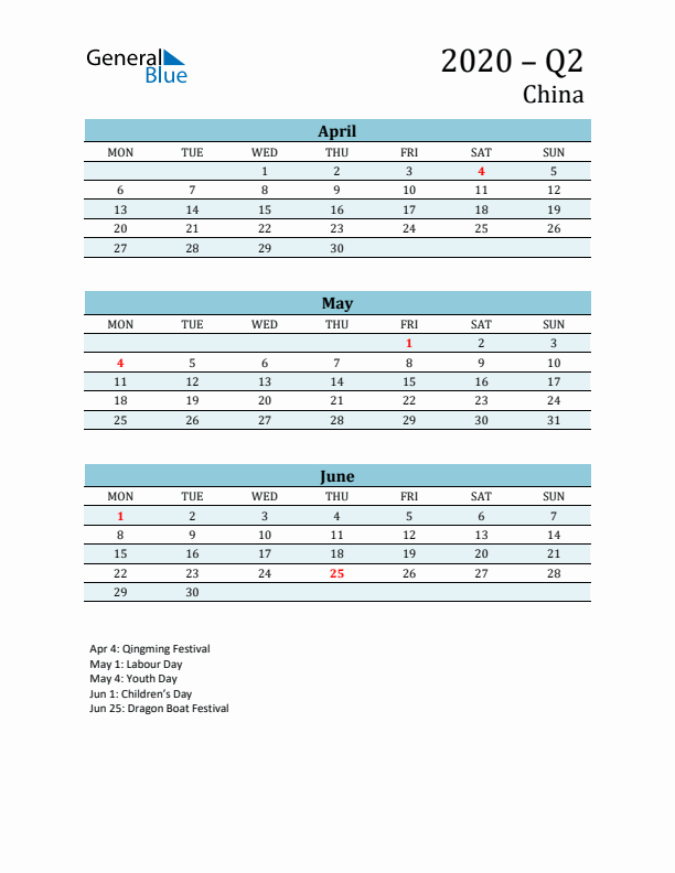 Three-Month Planner for Q2 2020 with Holidays - China