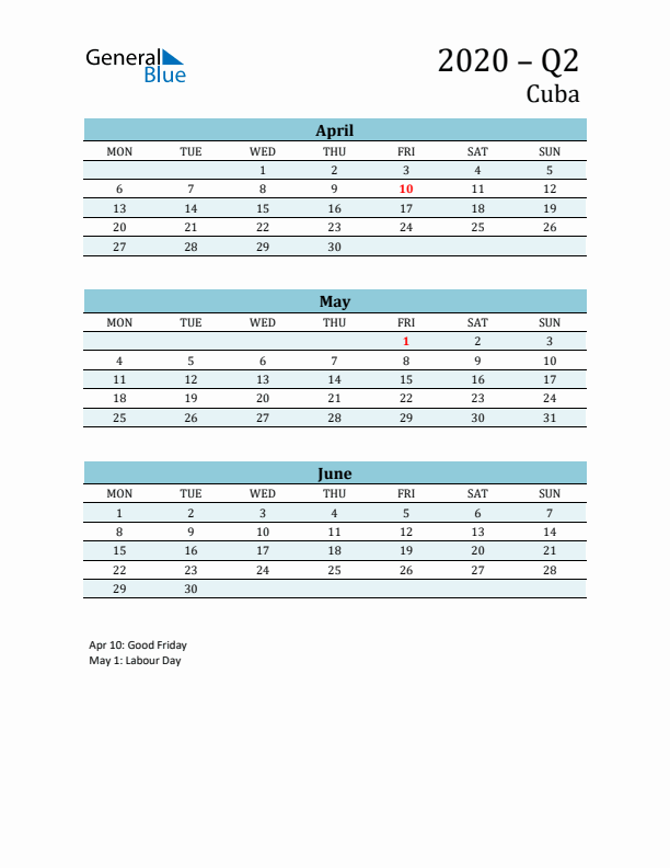Three-Month Planner for Q2 2020 with Holidays - Cuba
