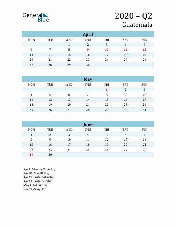 Three-Month Planner for Q2 2020 with Holidays - Guatemala