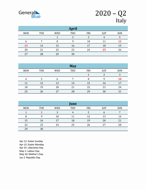 Three-Month Planner for Q2 2020 with Holidays - Italy