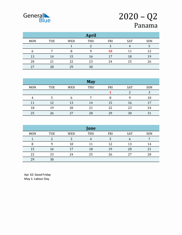 Three-Month Planner for Q2 2020 with Holidays - Panama