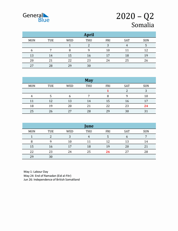 Three-Month Planner for Q2 2020 with Holidays - Somalia