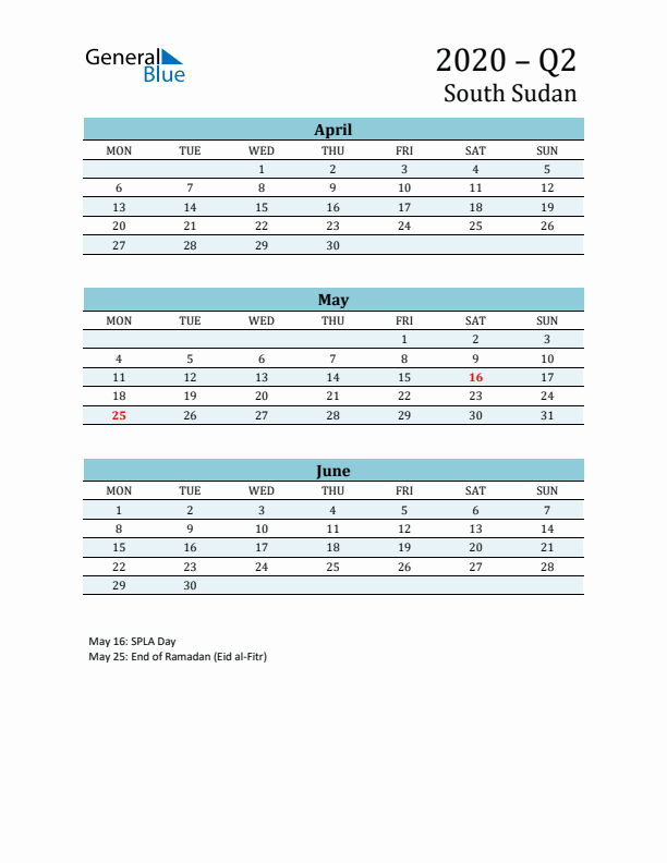 Three-Month Planner for Q2 2020 with Holidays - South Sudan