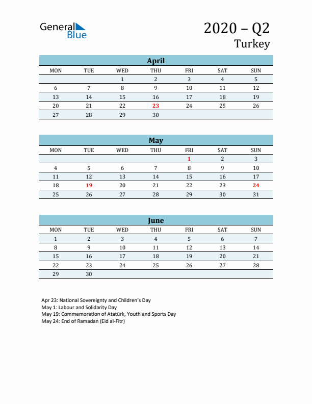 Three-Month Planner for Q2 2020 with Holidays - Turkey
