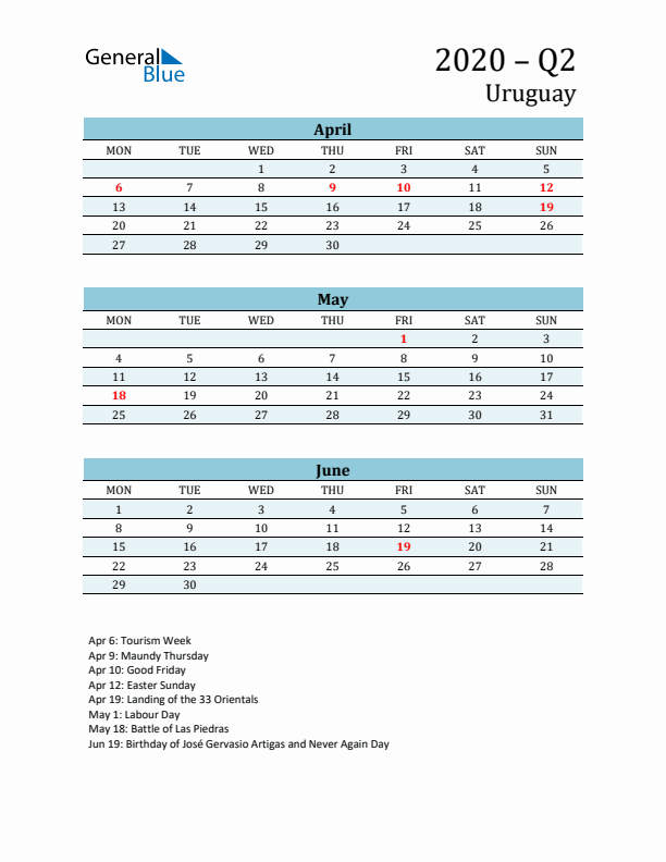 Three-Month Planner for Q2 2020 with Holidays - Uruguay