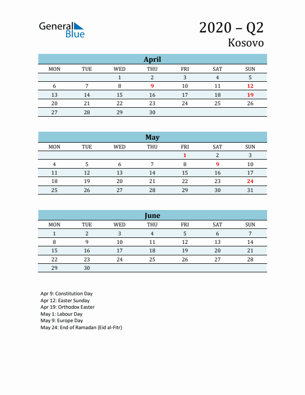 Three-Month Planner for Q2 2020 with Holidays - Kosovo