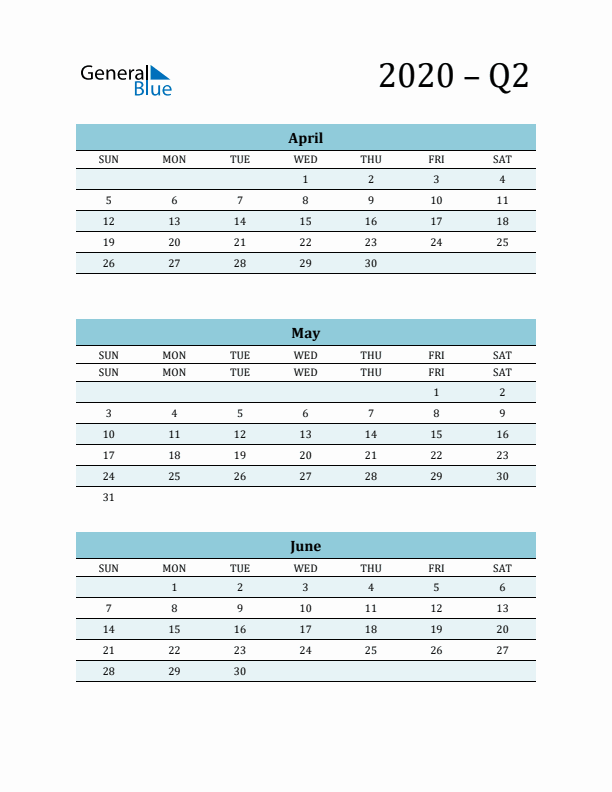 April, May, and June 2020 Calendar