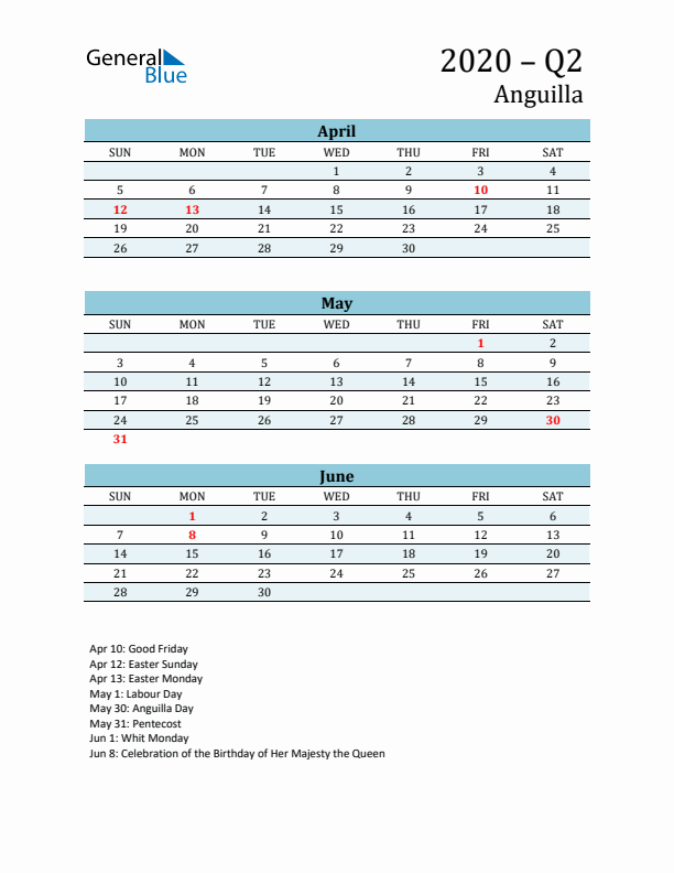 Three-Month Planner for Q2 2020 with Holidays - Anguilla