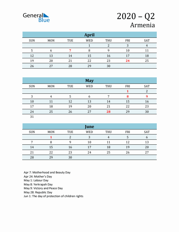 Three-Month Planner for Q2 2020 with Holidays - Armenia