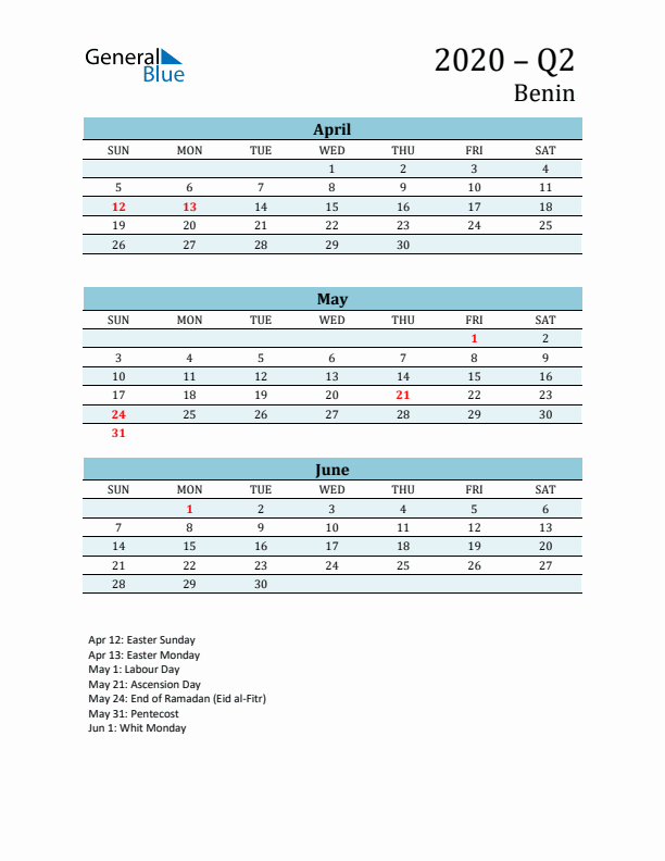 Three-Month Planner for Q2 2020 with Holidays - Benin
