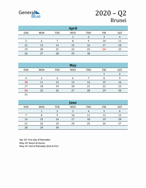 Three-Month Planner for Q2 2020 with Holidays - Brunei