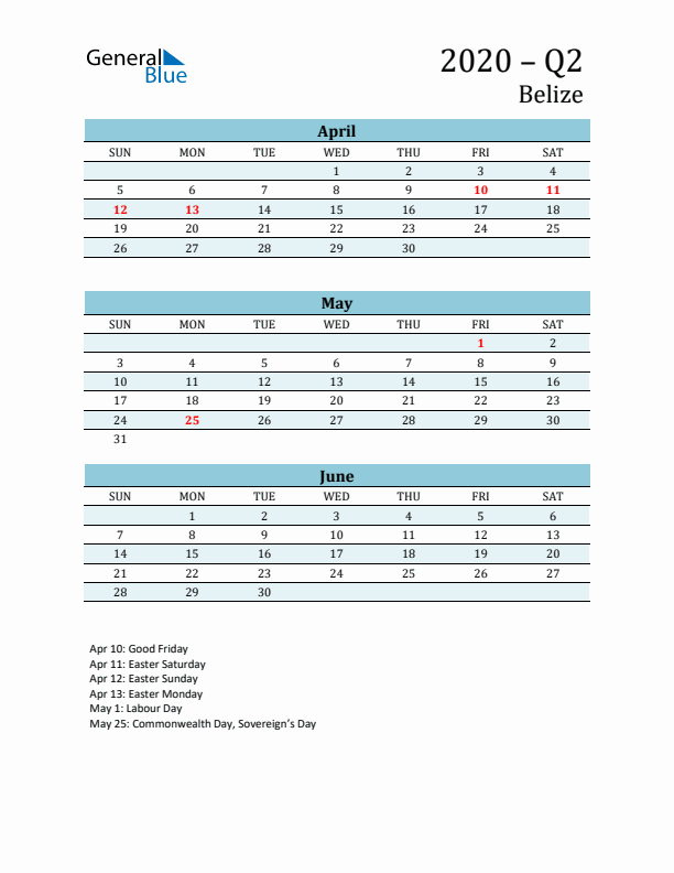 Three-Month Planner for Q2 2020 with Holidays - Belize