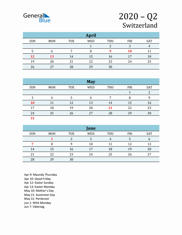 Three-Month Planner for Q2 2020 with Holidays - Switzerland