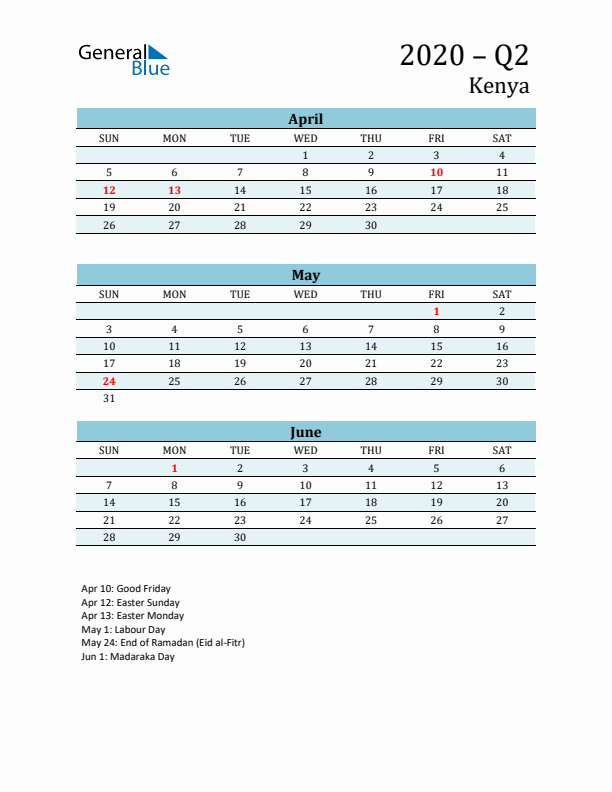 Three-Month Planner for Q2 2020 with Holidays - Kenya