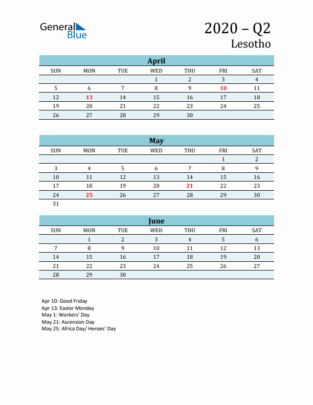 Three-Month Planner for Q2 2020 with Holidays - Lesotho