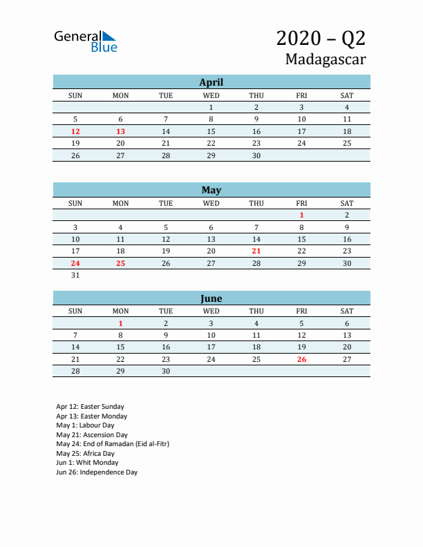 Three-Month Planner for Q2 2020 with Holidays - Madagascar