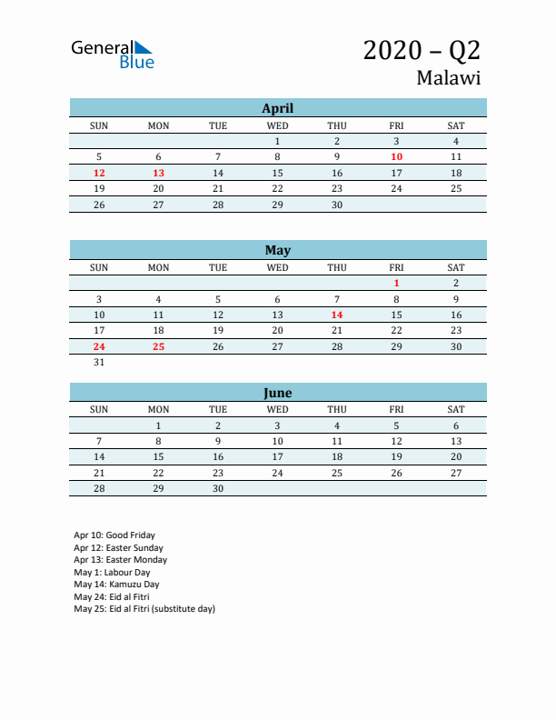 Three-Month Planner for Q2 2020 with Holidays - Malawi