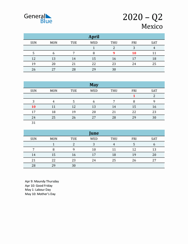 Three-Month Planner for Q2 2020 with Holidays - Mexico