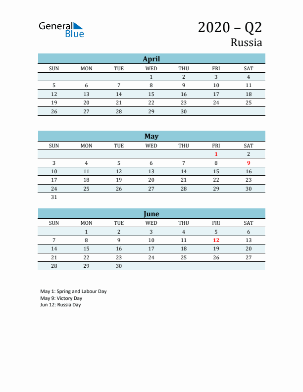 Three-Month Planner for Q2 2020 with Holidays - Russia