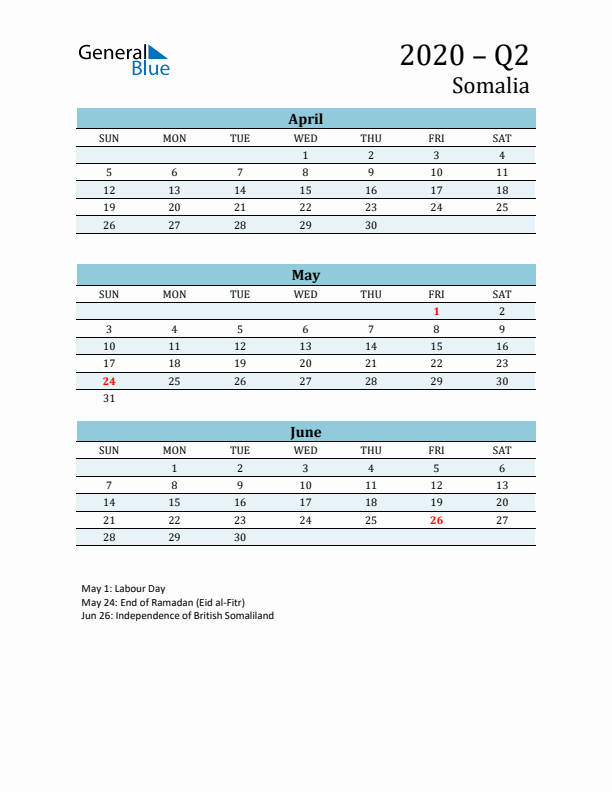 Three-Month Planner for Q2 2020 with Holidays - Somalia