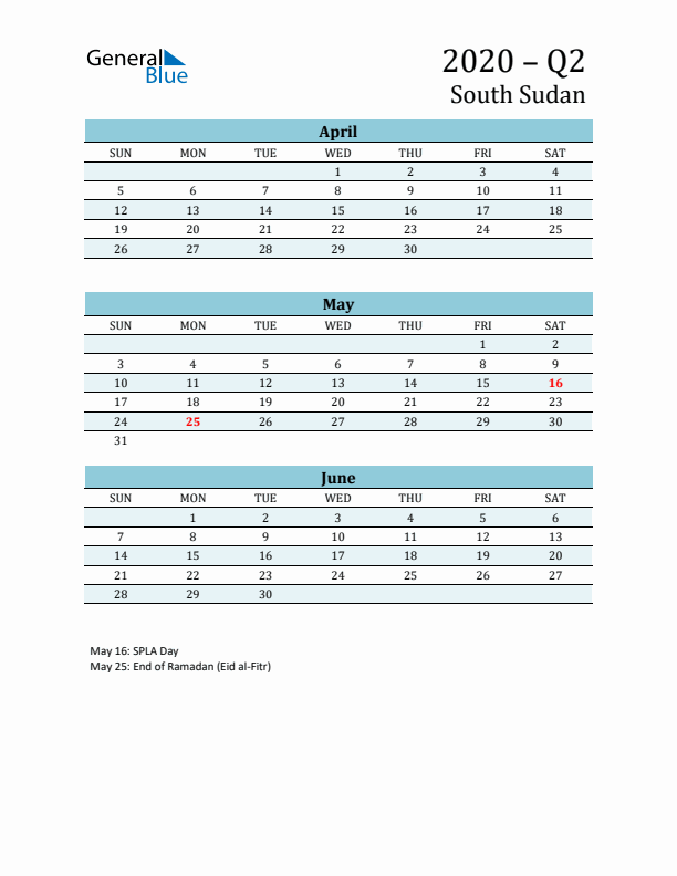 Three-Month Planner for Q2 2020 with Holidays - South Sudan