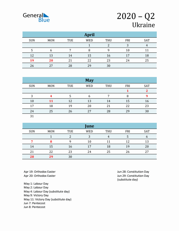 Three-Month Planner for Q2 2020 with Holidays - Ukraine