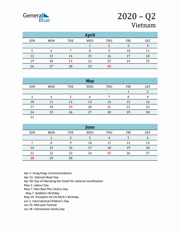 Three-Month Planner for Q2 2020 with Holidays - Vietnam