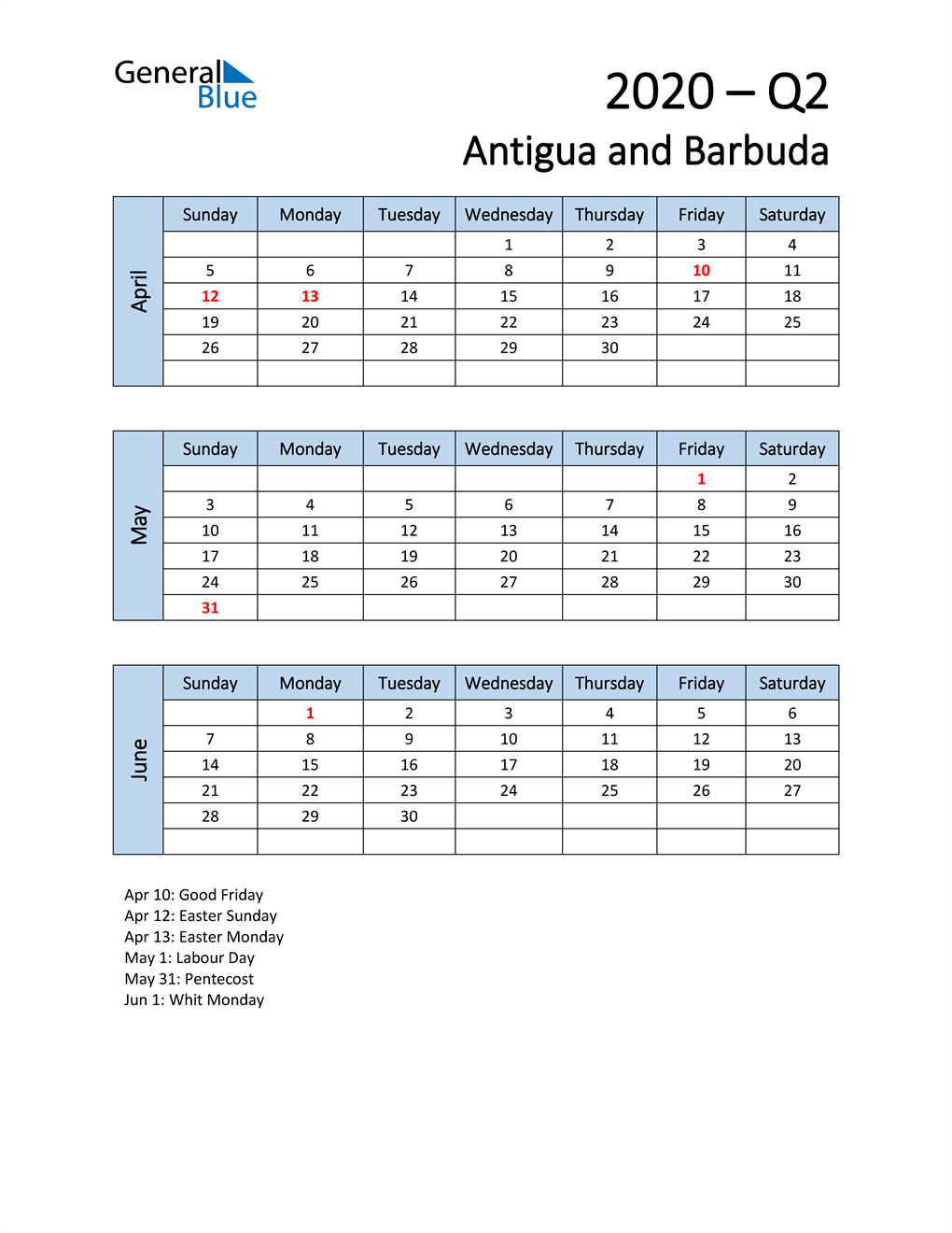  Free Q2 2020 Calendar for Antigua and Barbuda