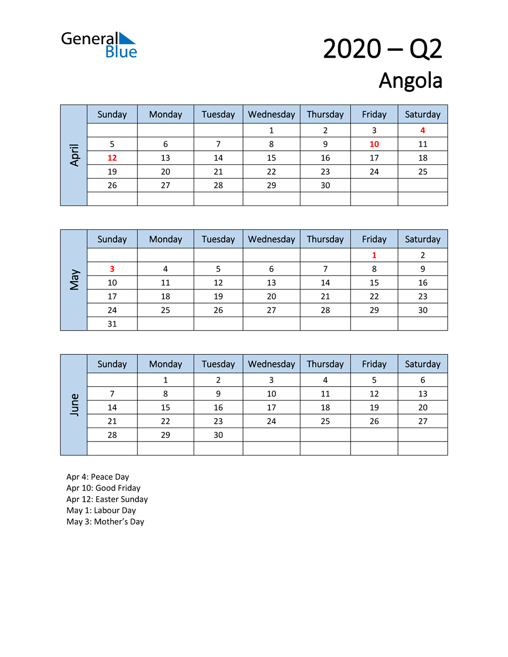  Free Q2 2020 Calendar for Angola