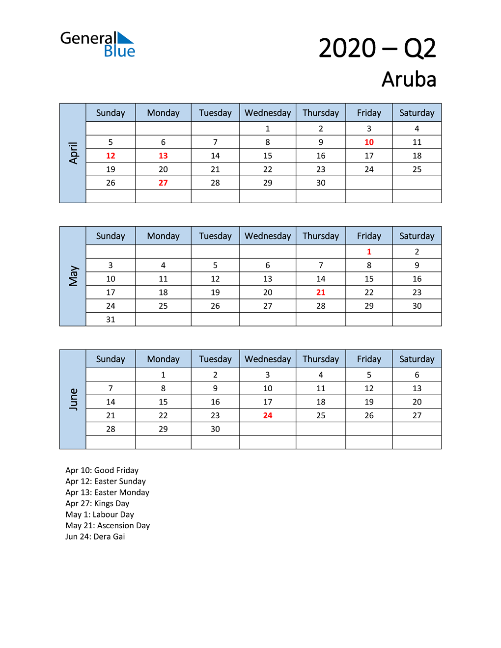  Free Q2 2020 Calendar for Aruba