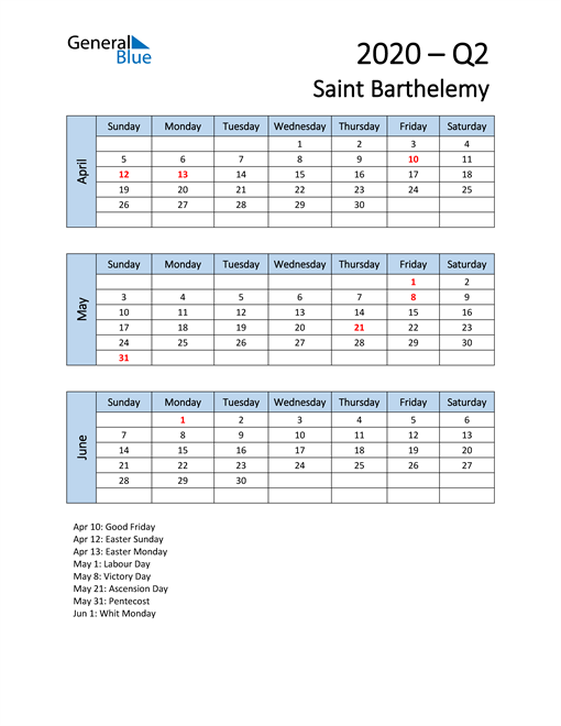  Free Q2 2020 Calendar for Saint Barthelemy