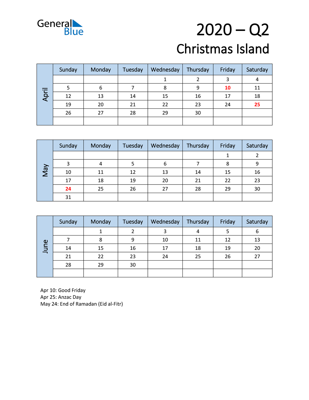  Free Q2 2020 Calendar for Christmas Island