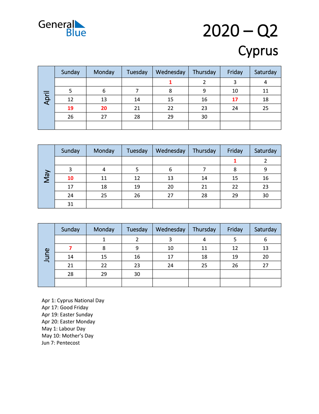  Free Q2 2020 Calendar for Cyprus