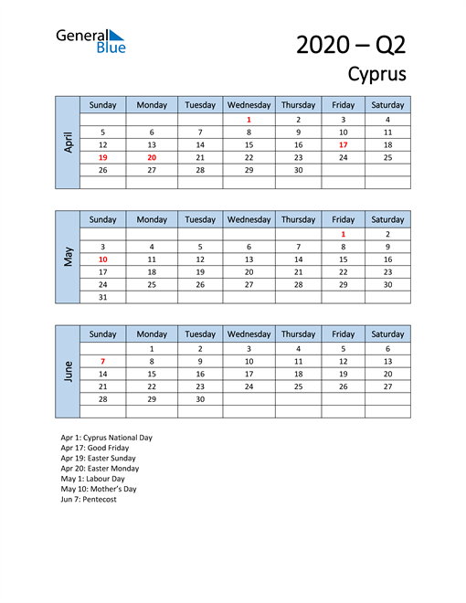  Free Q2 2020 Calendar for Cyprus